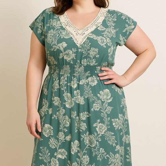 Vintage XL Floral Midi Dress Green Crochet Ruffle Flowy Hem Boho Lightweight - Picture 2 of 12